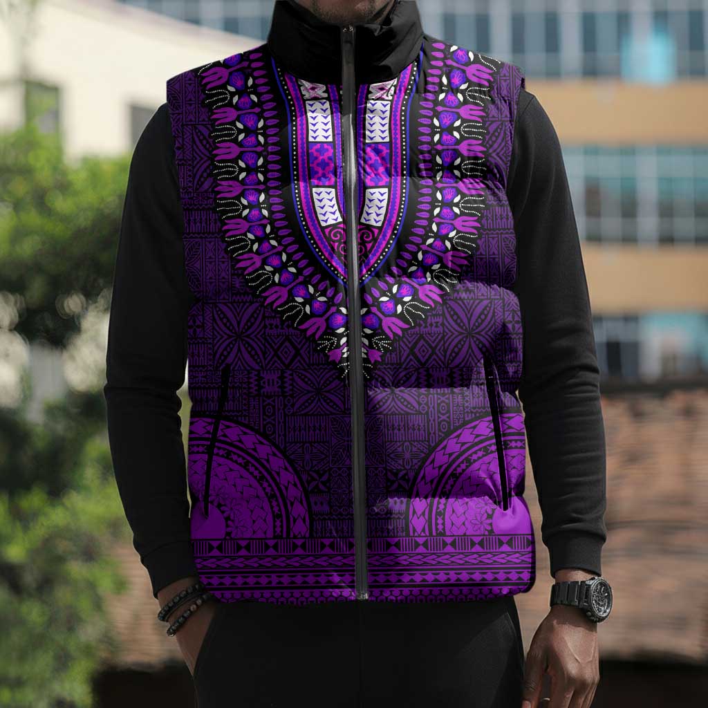 Purple Dashiki and Tapa Pattern Sleeveless Puffer Jacket Africa-Polynesia Together Culture