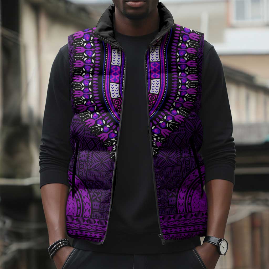 Purple Dashiki and Tapa Pattern Sleeveless Puffer Jacket Africa-Polynesia Together Culture