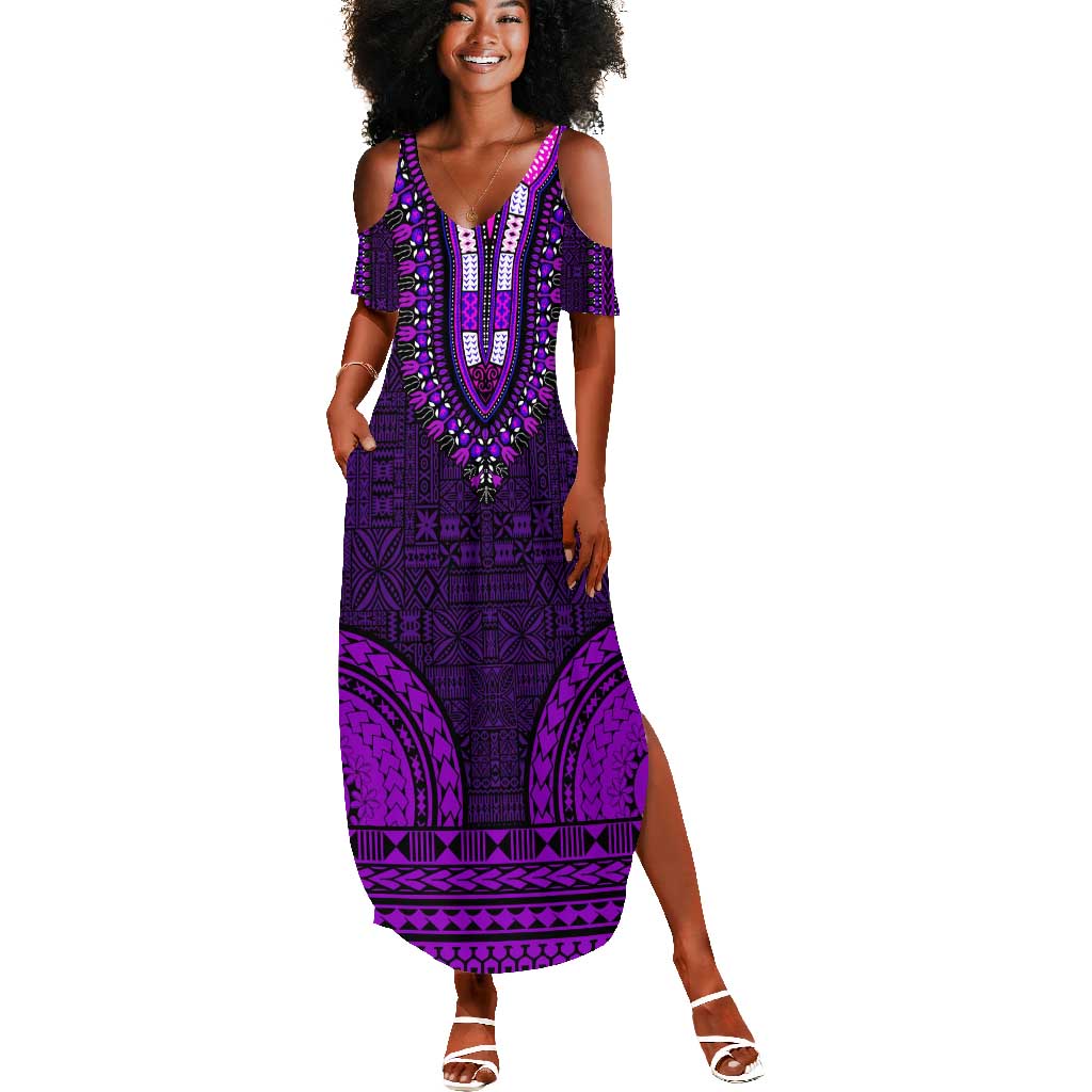 Purple Dashiki and Tapa Pattern Summer Maxi Dress Africa-Polynesia Together Culture