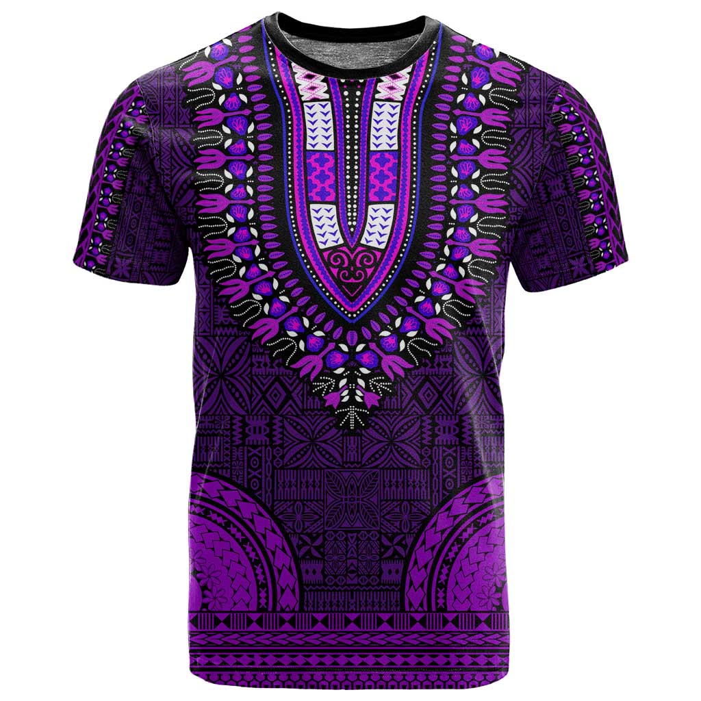 Purple Dashiki and Tapa Pattern T shirt Africa-Polynesia Together Culture