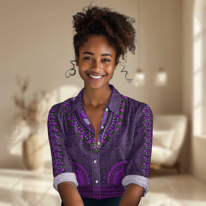 Purple Dashiki and Tapa Pattern Women Casual Shirt Africa-Polynesia Together Culture