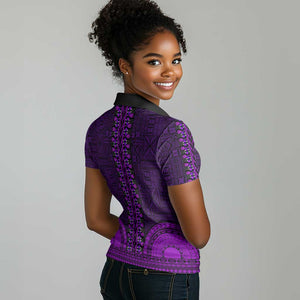 Purple Dashiki and Tapa Pattern Women Polo Shirt Africa-Polynesia Together Culture