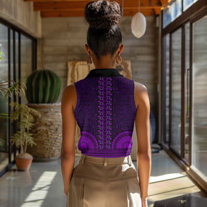 Purple Dashiki and Tapa Pattern Women Sleeveless Polo Shirt Africa-Polynesia Together Culture