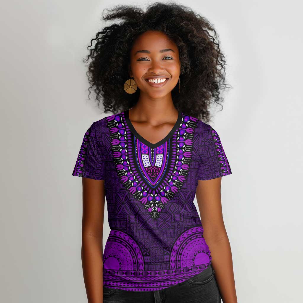 Purple Dashiki and Tapa Pattern Women V-Neck T-Shirt Africa-Polynesia Together Culture