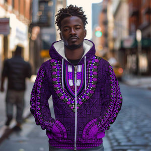 Purple Dashiki and Tapa Pattern Zip Hoodie Africa-Polynesia Together Culture