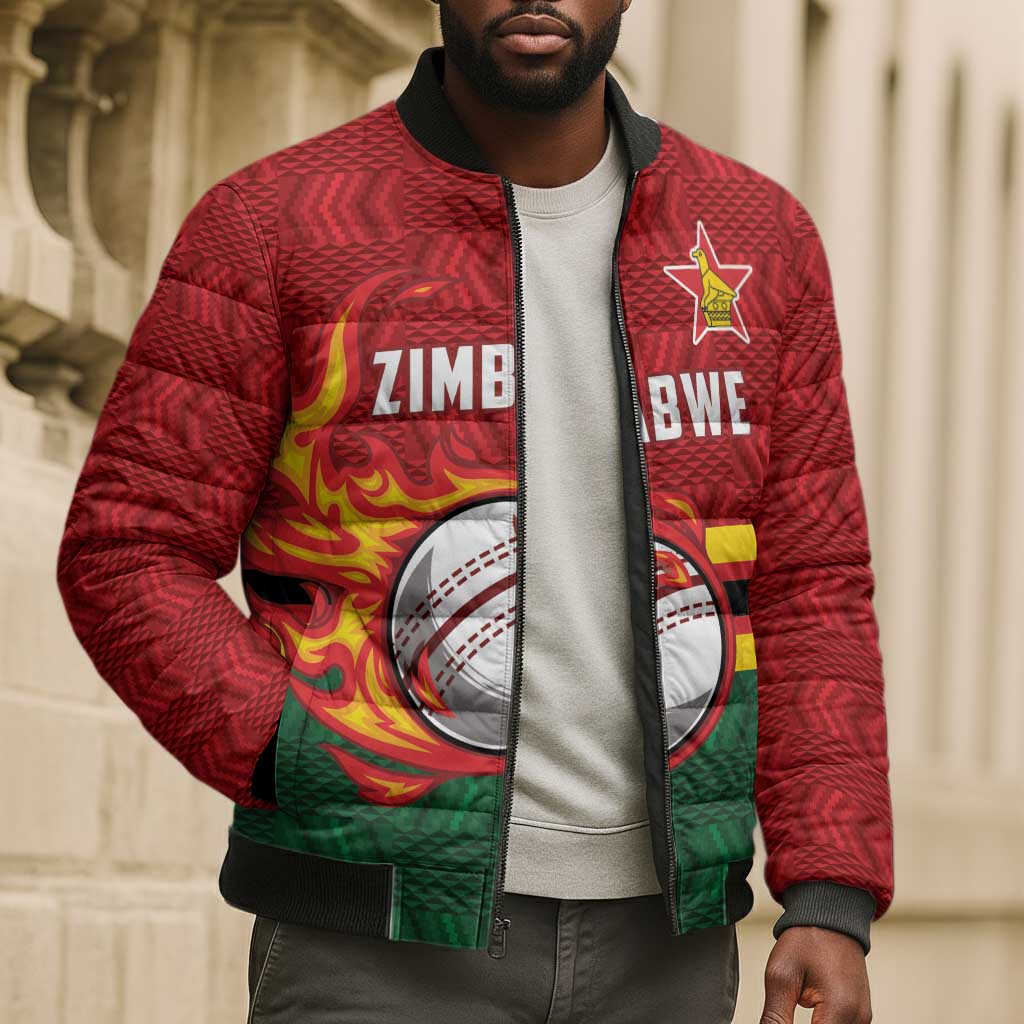 Custom Africa Cricket Zimbabwe Bomber Puffer Jacket The Chevrons Cricket Ball Fire