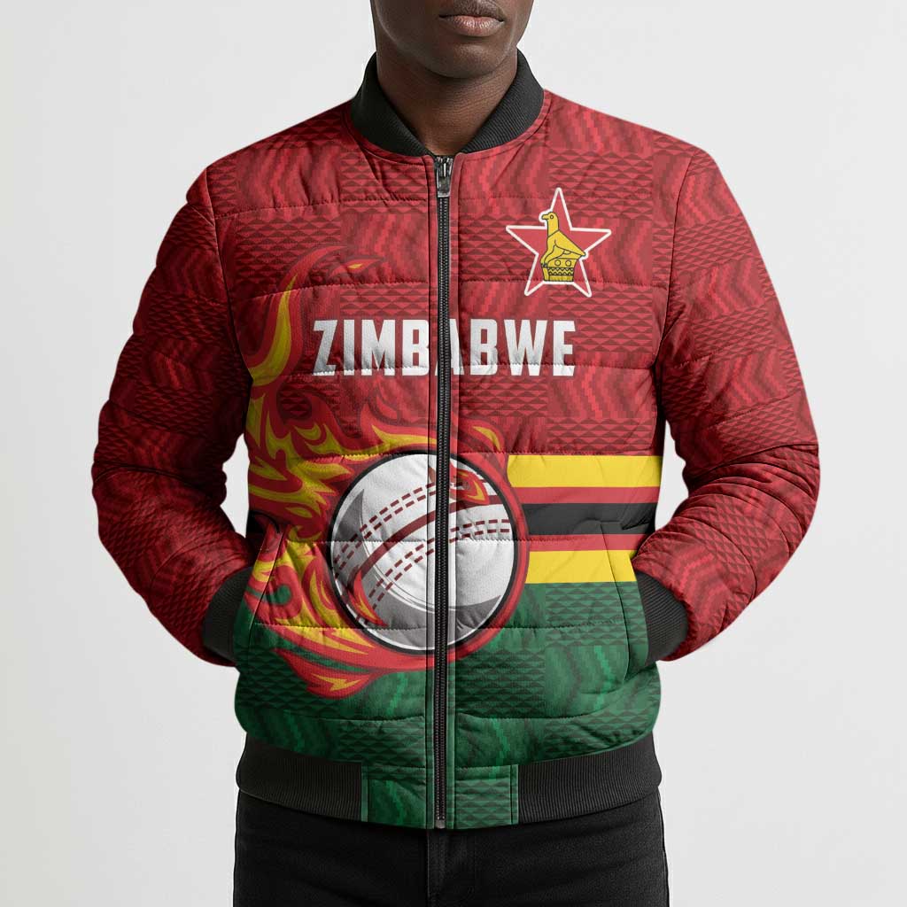 Custom Africa Cricket Zimbabwe Bomber Puffer Jacket The Chevrons Cricket Ball Fire