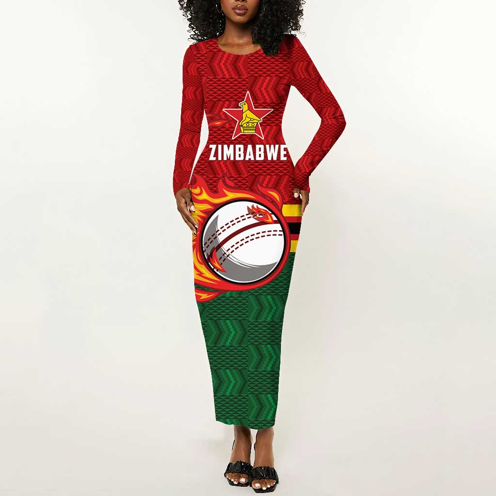 Custom Africa Cricket Zimbabwe Long Sleeve Bodycon Dress The Chevrons Cricket Ball Fire - African Pride