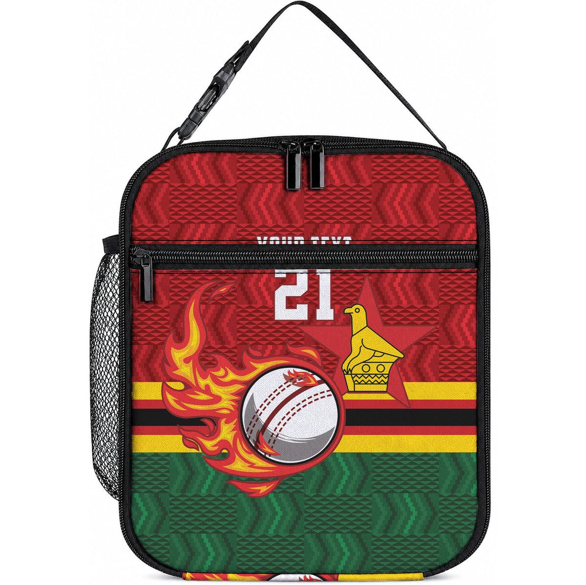 Custom Africa Cricket Zimbabwe Lunch Bag The Chevrons Cricket Ball Fire
