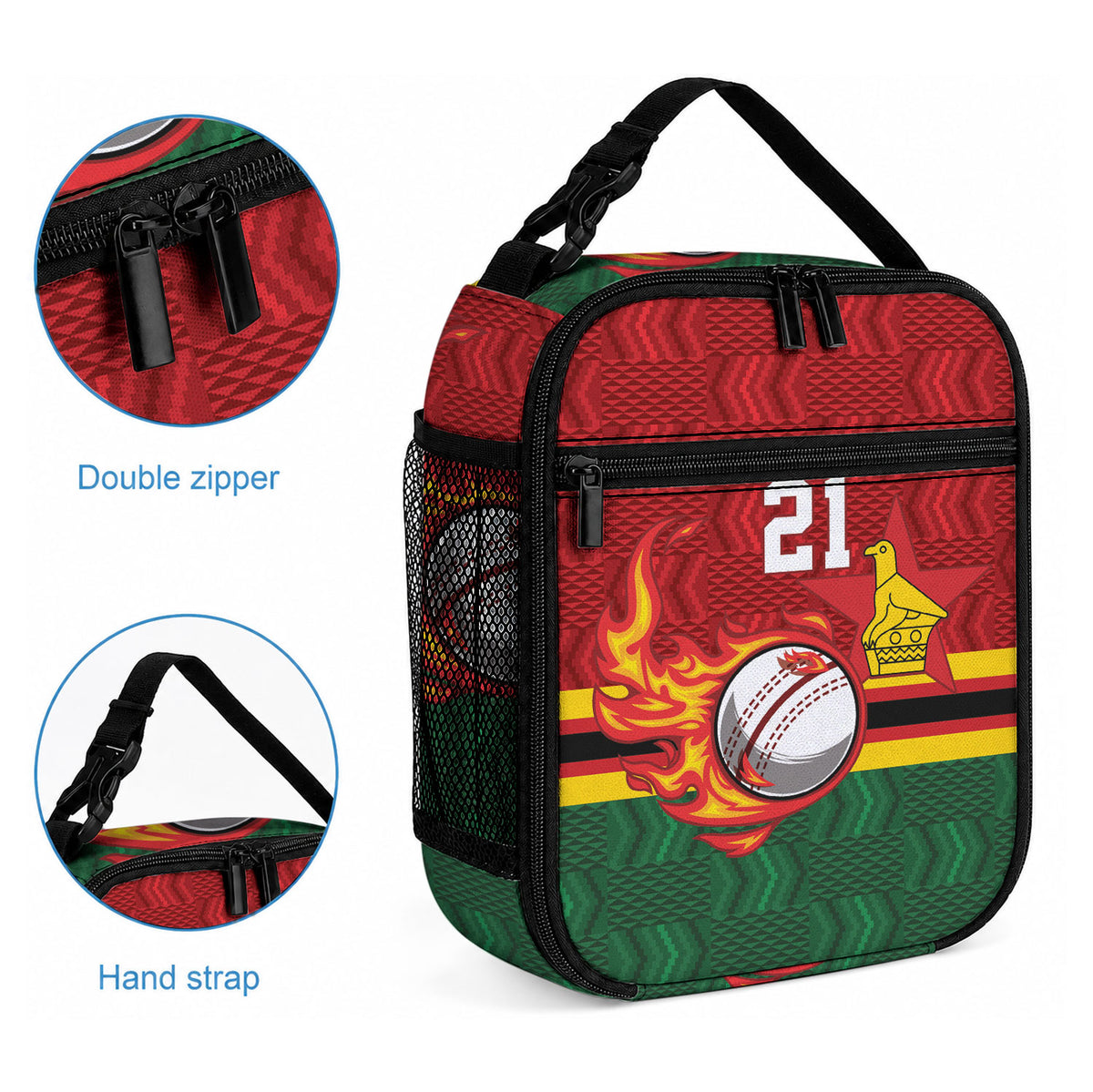 Custom Africa Cricket Zimbabwe Lunch Bag The Chevrons Cricket Ball Fire