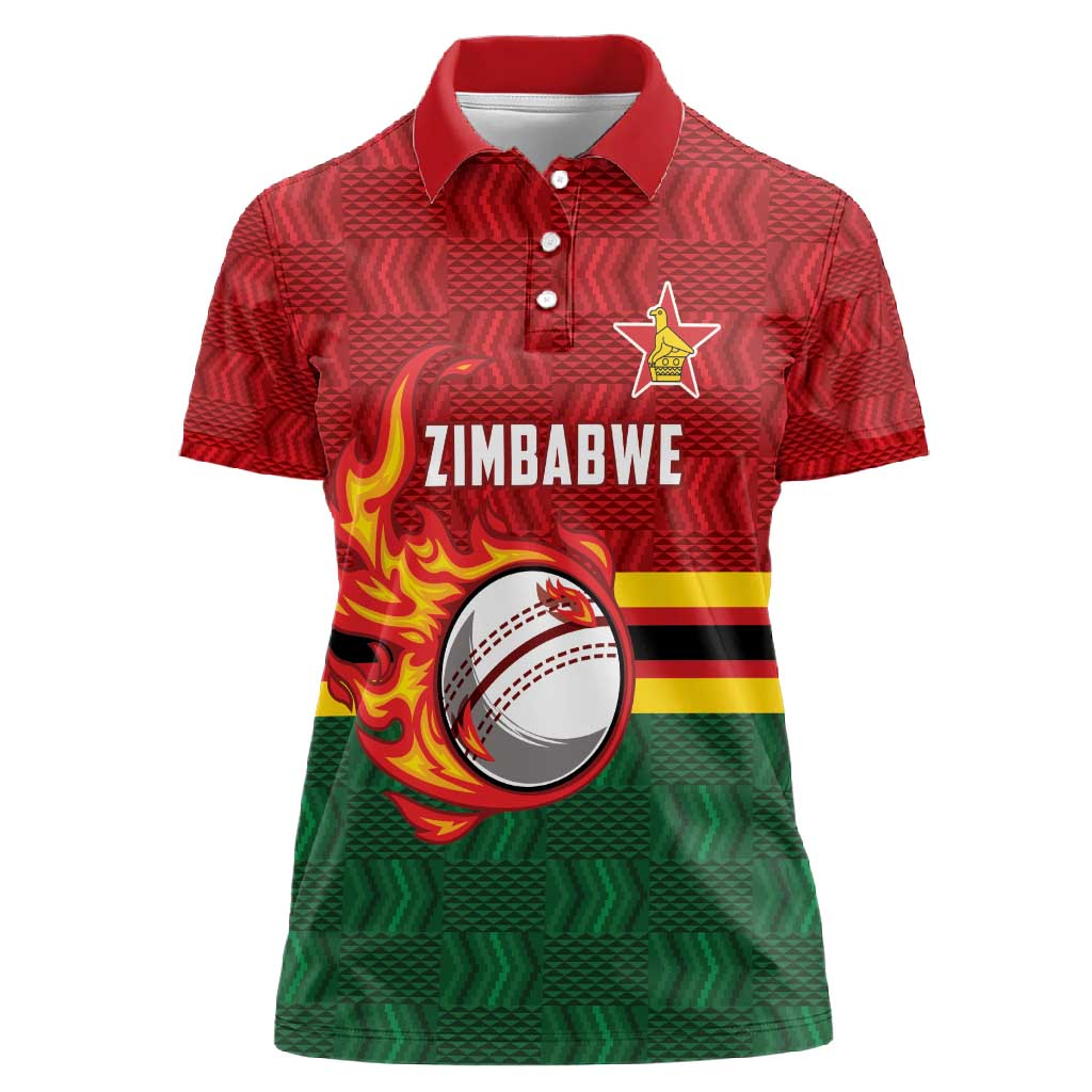 Custom Africa Cricket Zimbabwe Women Polo Shirt The Chevrons Cricket Ball Fire - African Pride