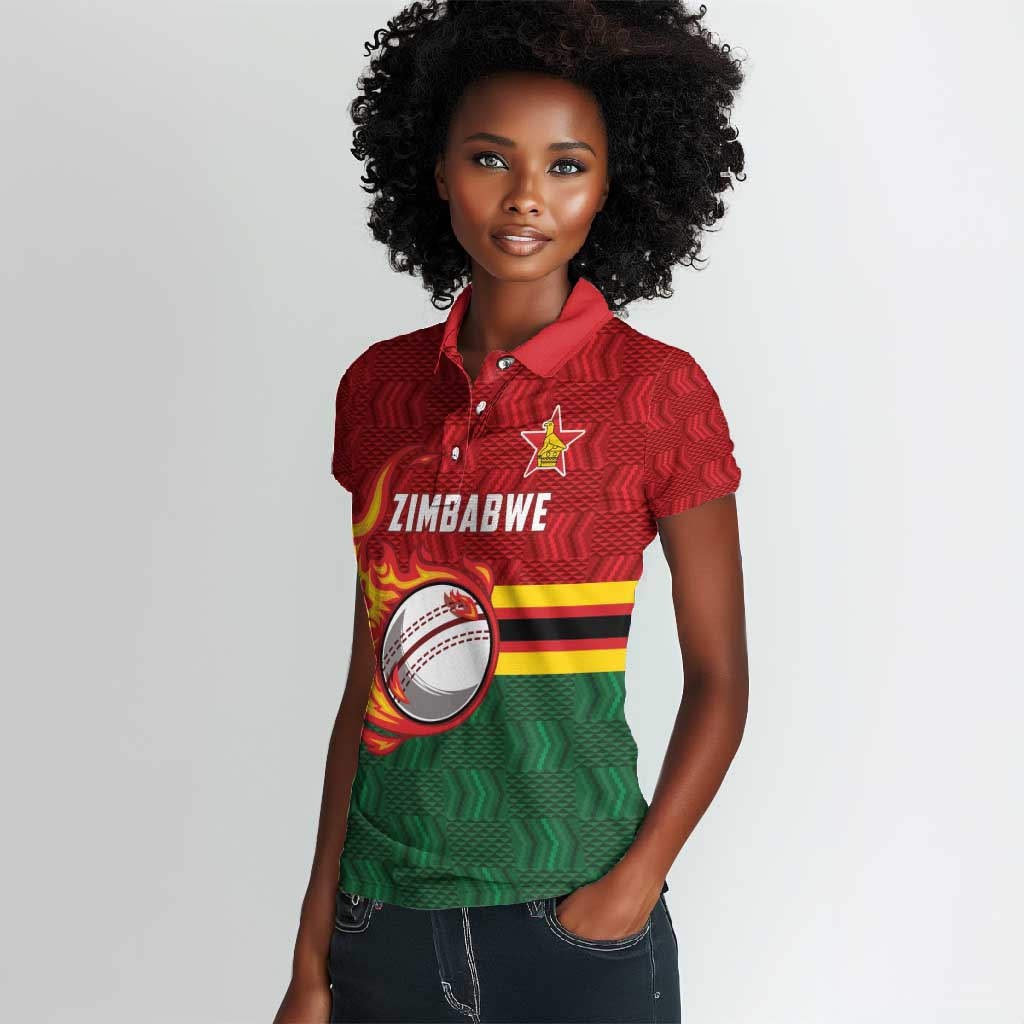Custom Africa Cricket Zimbabwe Women Polo Shirt The Chevrons Cricket Ball Fire - African Pride