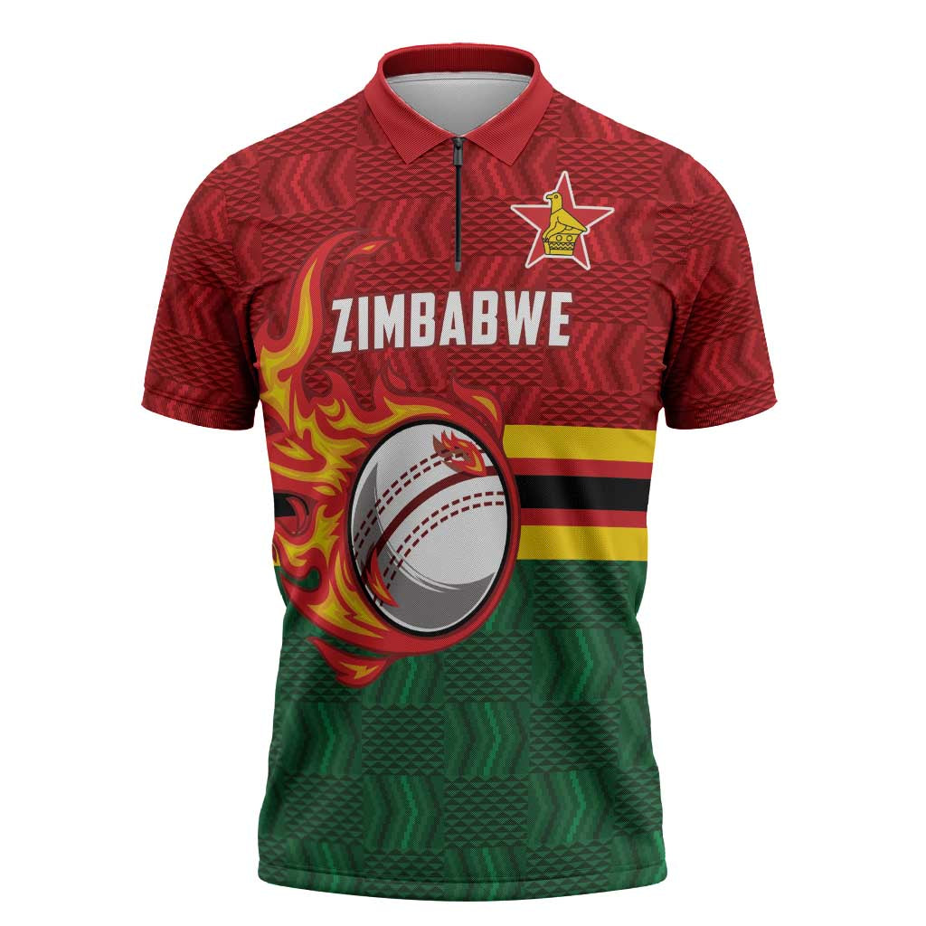 Custom Africa Cricket Zimbabwe Zipper Polo Shirt The Chevrons Cricket Ball Fire