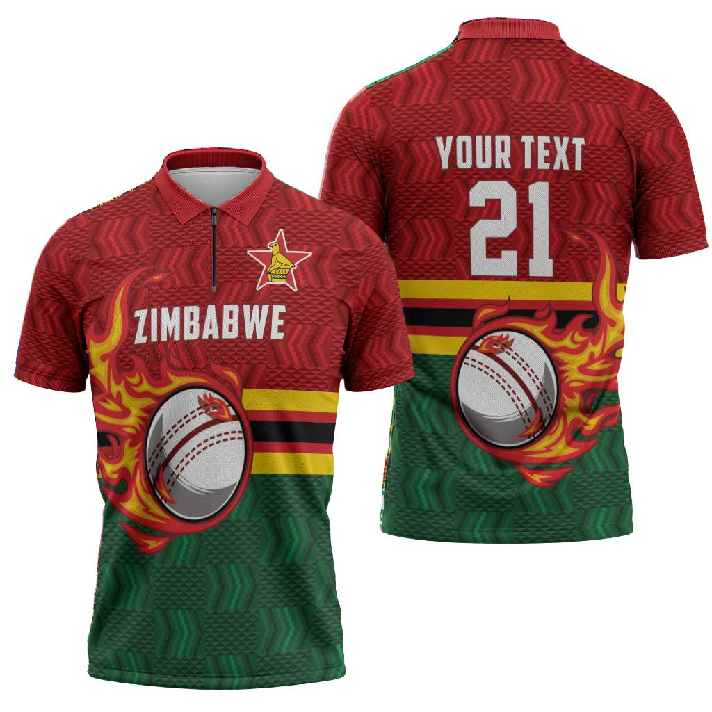 Custom Africa Cricket Zimbabwe Zipper Polo Shirt The Chevrons Cricket Ball Fire