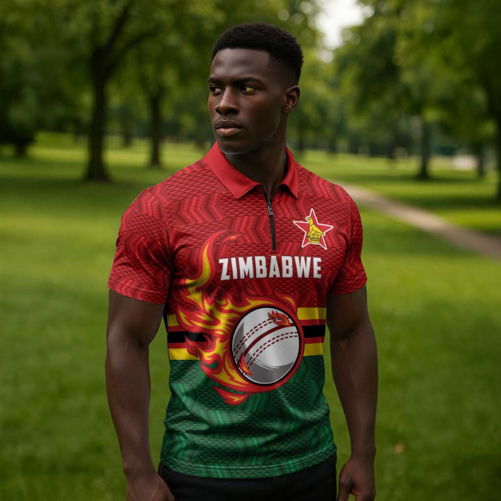 Custom Africa Cricket Zimbabwe Zipper Polo Shirt The Chevrons Cricket Ball Fire