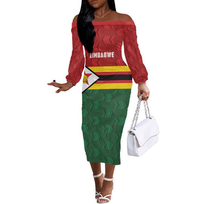 Custom Africa Cricket Zimbabwe Off The Shoulder Long Sleeve Dress Zimbabwean Pattern Flag Motif - African Pride