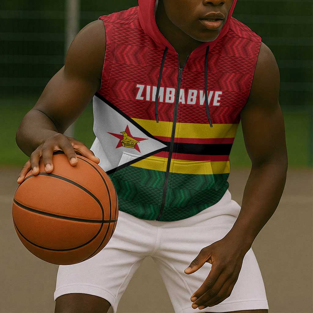 Custom Africa Cricket Zimbabwe Sleeveless Zip Hoodie Zimbabwean Pattern Flag Motif - African Pride