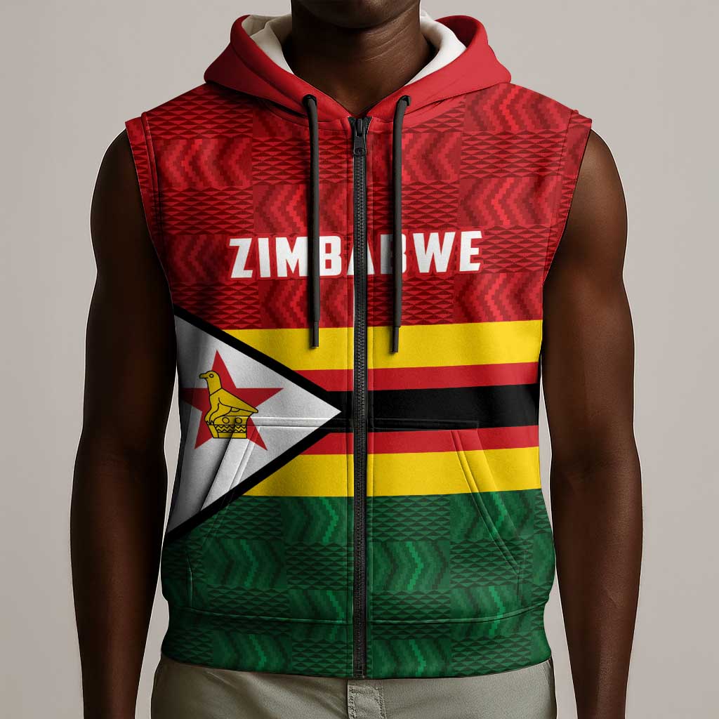 Custom Africa Cricket Zimbabwe Sleeveless Zip Hoodie Zimbabwean Pattern Flag Motif - African Pride