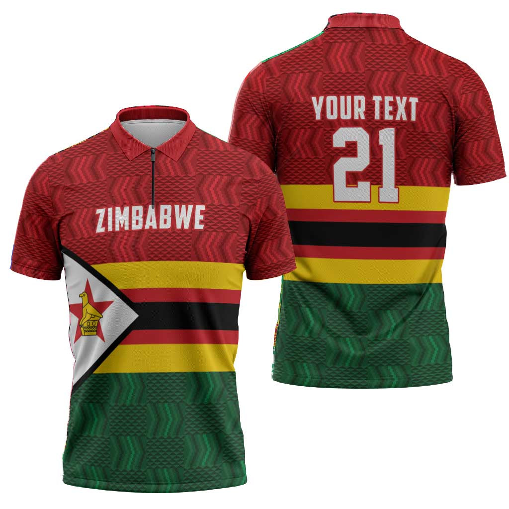 Custom Africa Cricket Zimbabwe Zipper Polo Shirt Zimbabwean Pattern Flag Motif
