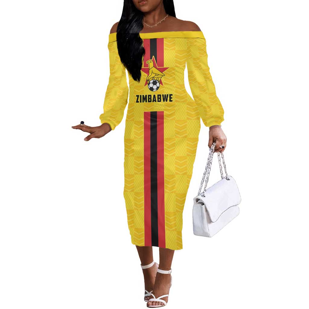 Custom Africa Football Zimbabwe Off The Shoulder Long Sleeve Dress The Warriors with Zimbabwe Bird - African Pride