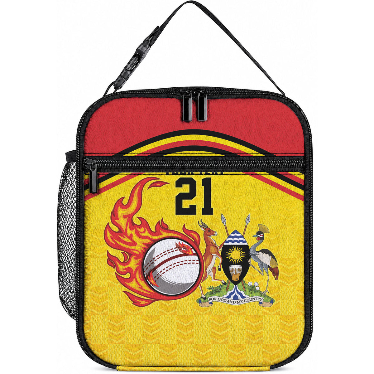 Custom Africa Cricket Uganda Lunch Bag Cranes Cricket Ball Fire