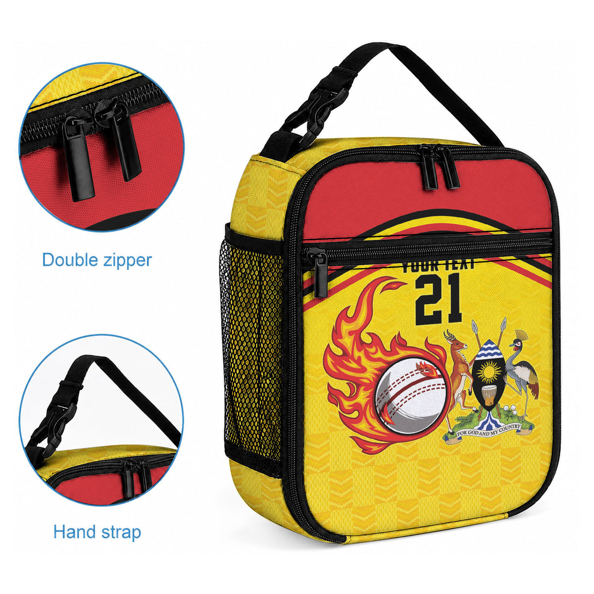 Custom Africa Cricket Uganda Lunch Bag Cranes Cricket Ball Fire