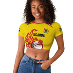 Custom Africa Cricket Uganda Raglan Cropped T shirt Cranes Cricket Ball Fire - African Pride