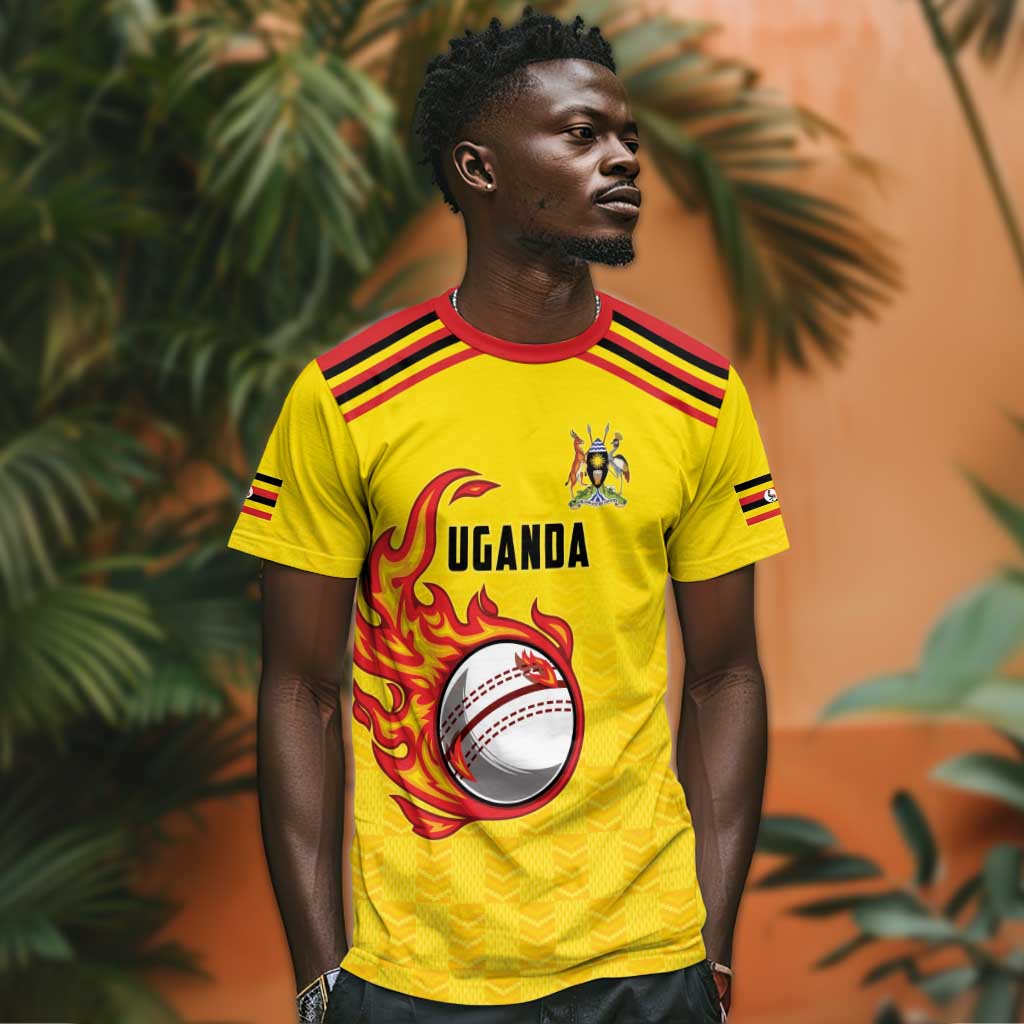 Custom Africa Cricket Uganda T shirt Cranes Cricket Ball Fire - African Pride
