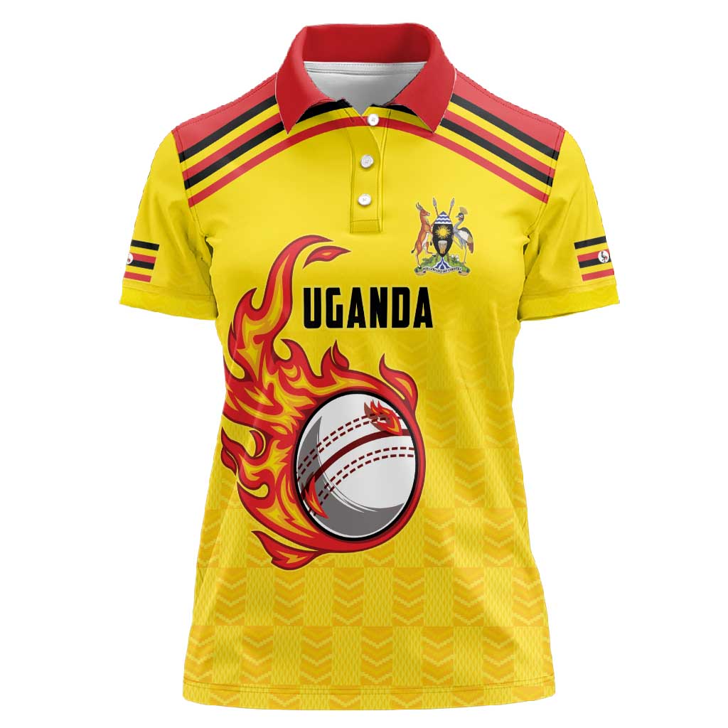 Custom Africa Cricket Uganda Women Polo Shirt Cranes Cricket Ball Fire - African Pride