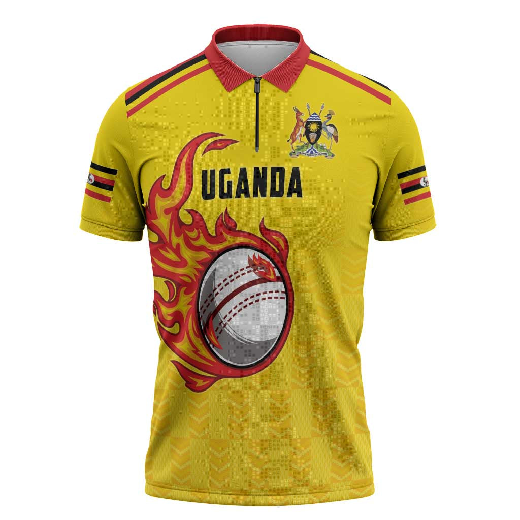 Custom Africa Cricket Uganda Zipper Polo Shirt Cranes Cricket Ball Fire