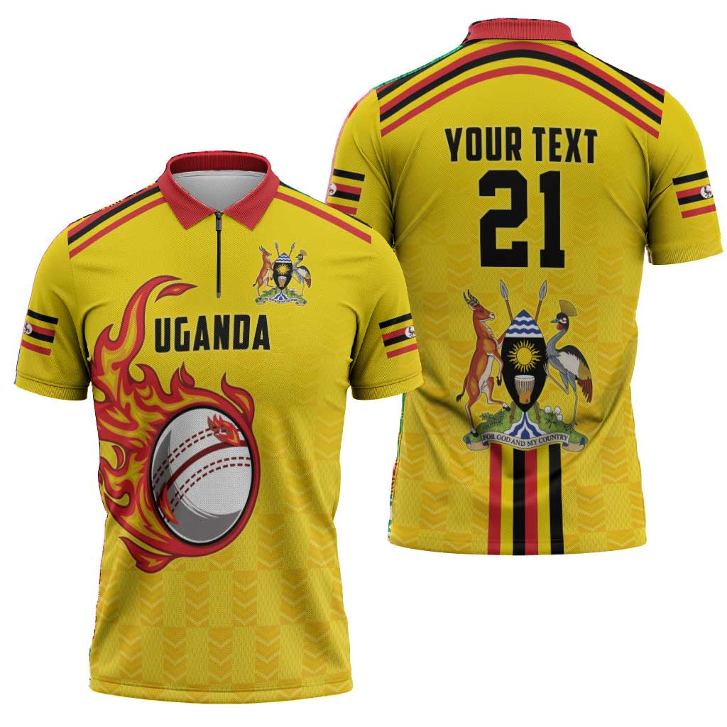 Custom Africa Cricket Uganda Zipper Polo Shirt Cranes Cricket Ball Fire