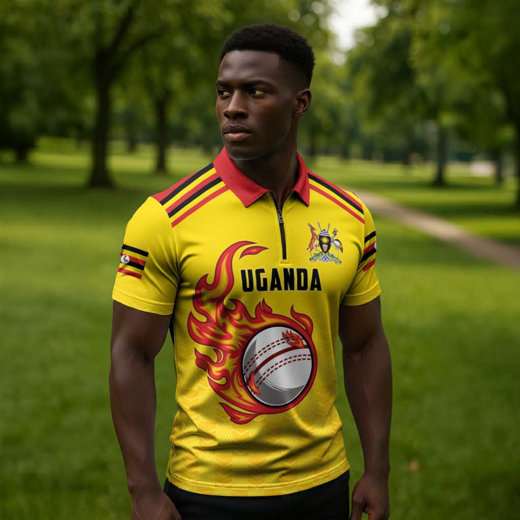 Custom Africa Cricket Uganda Zipper Polo Shirt Cranes Cricket Ball Fire