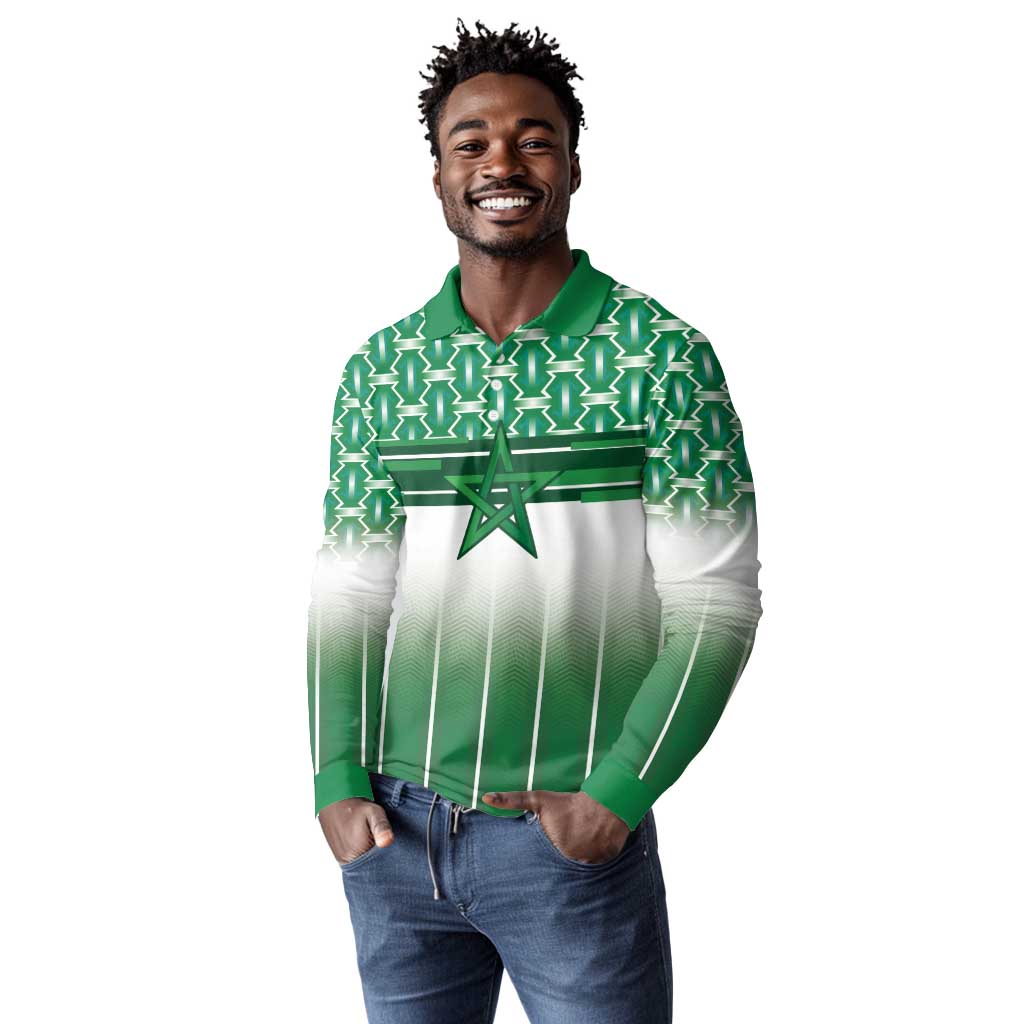 World Football Morocco Custom Long Sleeve Polo Shirt 1994 Away Retro Green Jersey - African Pride