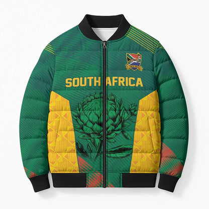 World Football 2026 South Africa Custom Bomber Puffer Jacket Tradional Protea Kente Pattern - African Pride