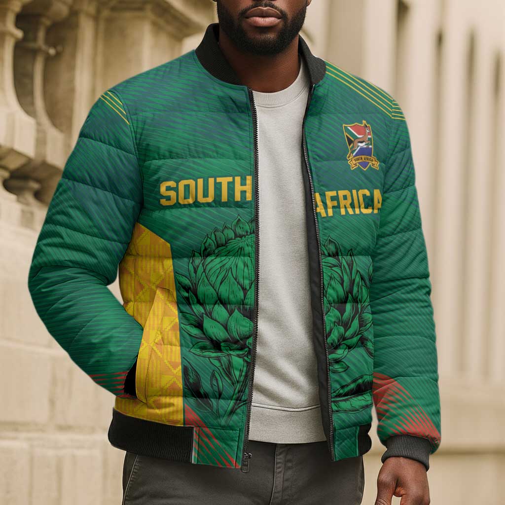 World Football 2026 South Africa Custom Bomber Puffer Jacket Tradional Protea Kente Pattern - African Pride