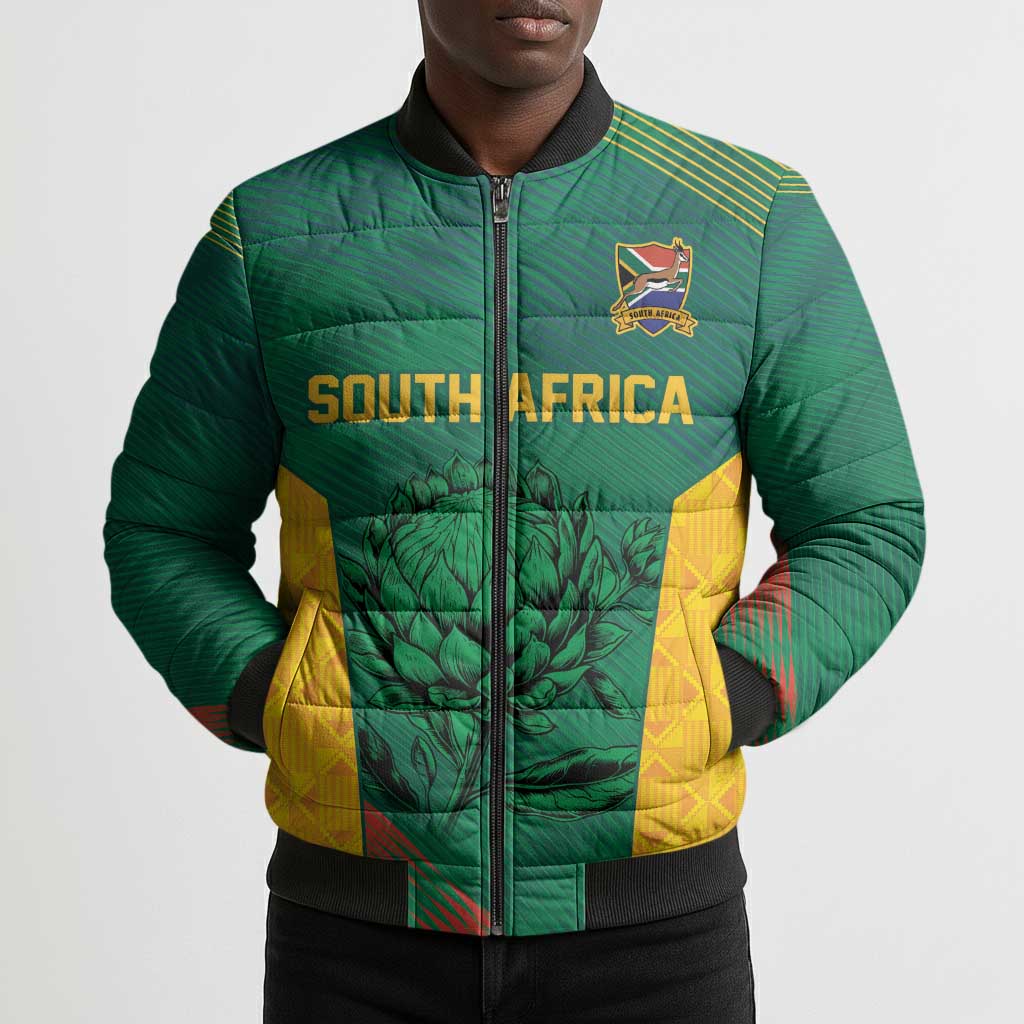 World Football 2026 South Africa Custom Bomber Puffer Jacket Tradional Protea Kente Pattern - African Pride