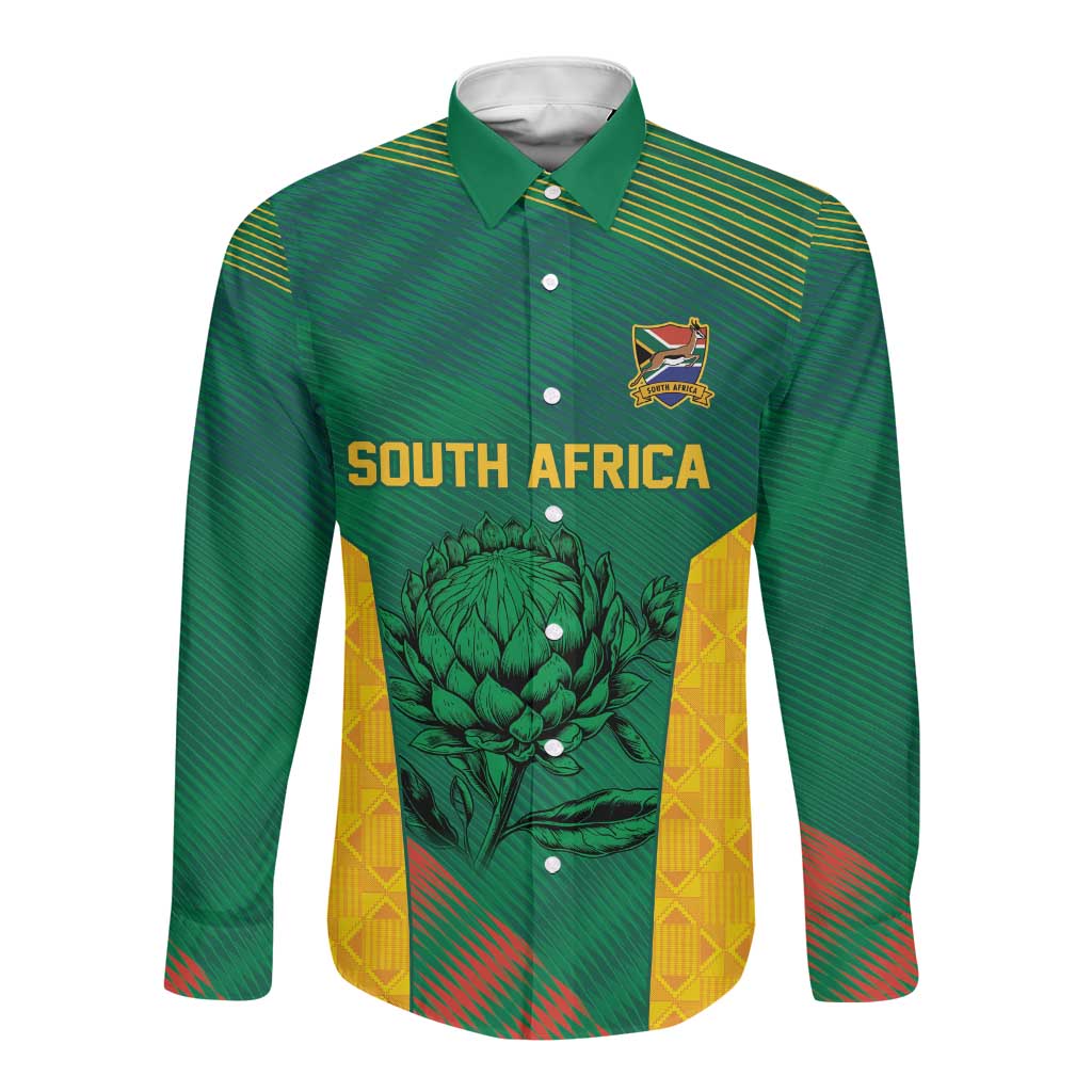 World Football 2026 South Africa Custom Long Sleeve Button Shirt Tradional Protea Kente Pattern - African Pride