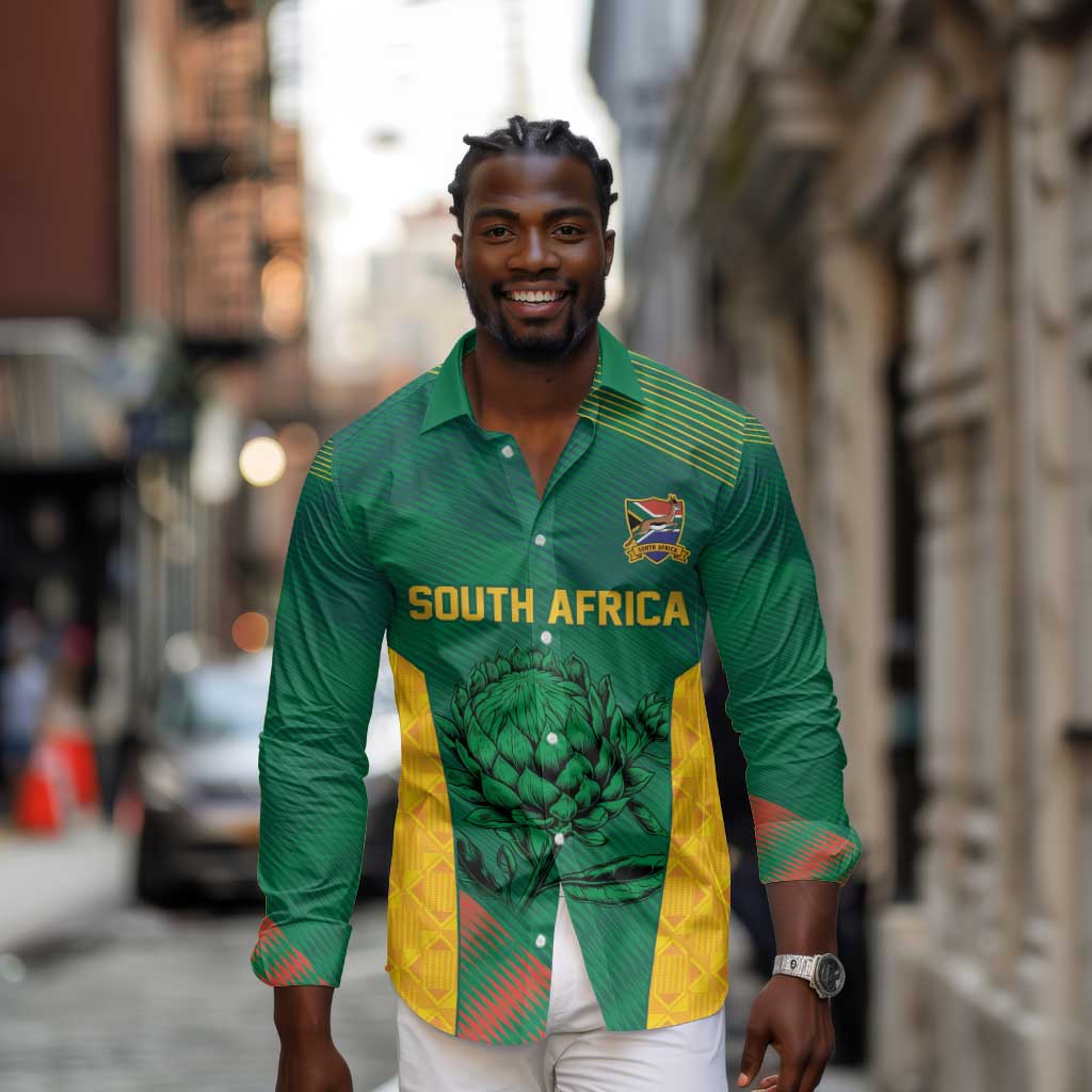World Football 2026 South Africa Custom Long Sleeve Button Shirt Tradional Protea Kente Pattern - African Pride