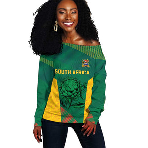 World Football 2026 South Africa Custom Off Shoulder Sweater Tradional Protea Kente Pattern - African Pride