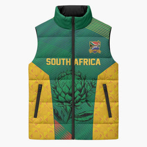 World Football 2026 South Africa Custom Sleeveless Puffer Jacket Tradional Protea Kente Pattern - African Pride