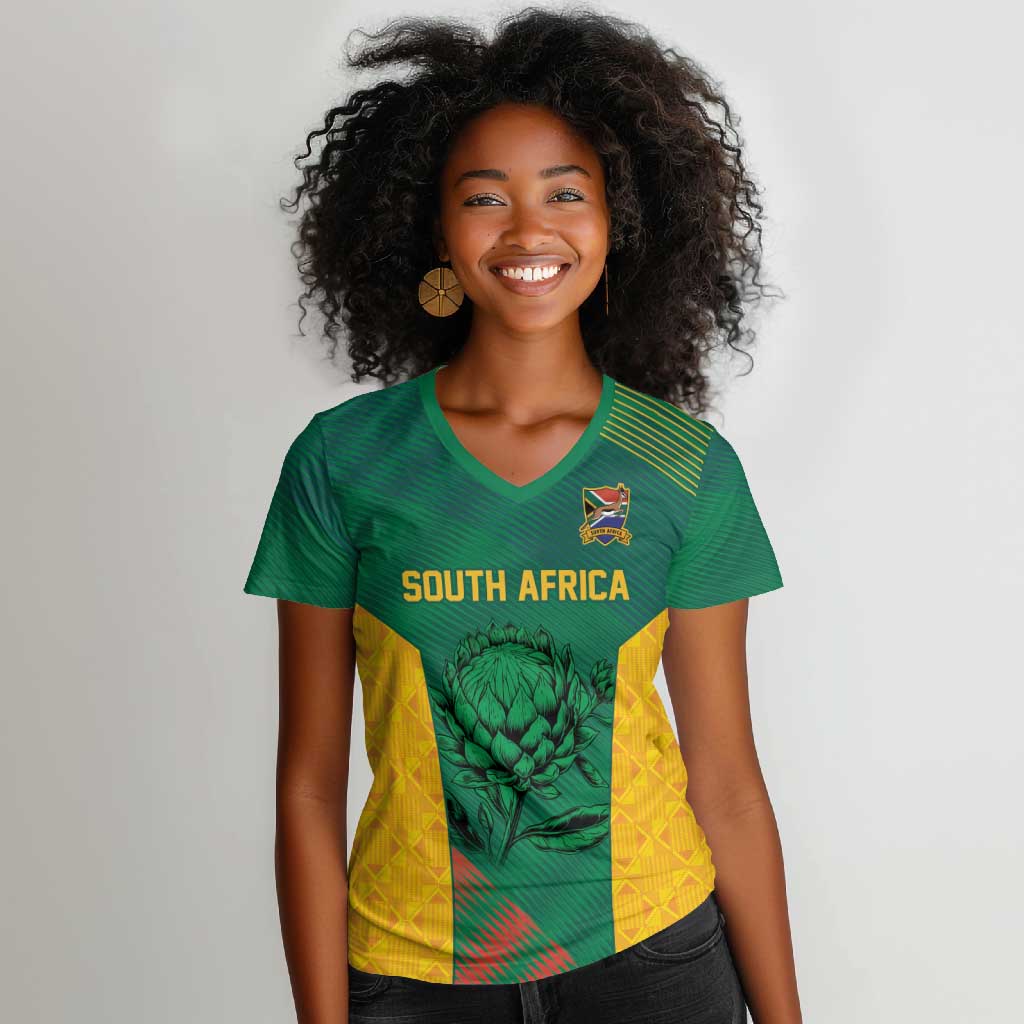 World Football 2026 South Africa Custom Women V-Neck T-Shirt Tradional Protea Kente Pattern - African Pride