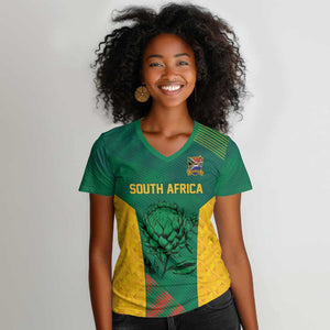 World Football 2026 South Africa Custom Women V-Neck T-Shirt Tradional Protea Kente Pattern - African Pride