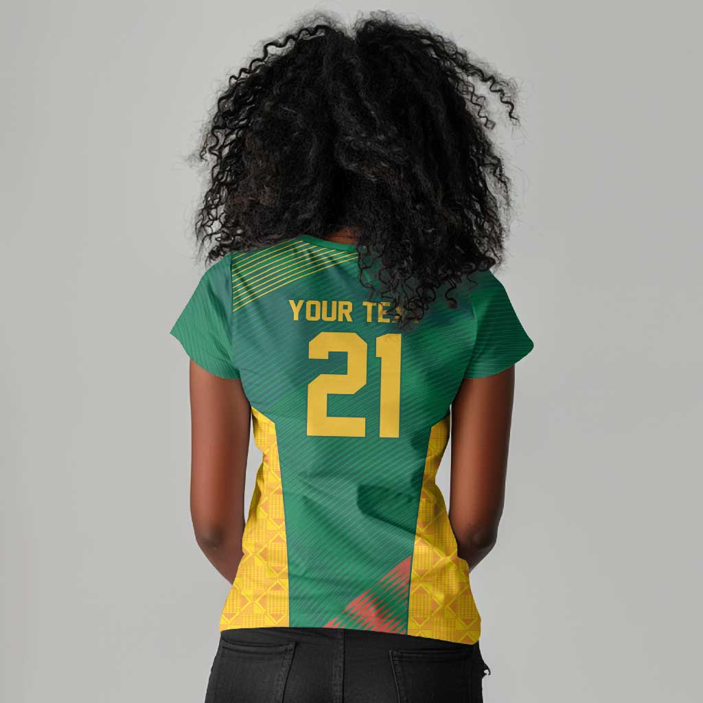 World Football 2026 South Africa Custom Women V-Neck T-Shirt Tradional Protea Kente Pattern - African Pride