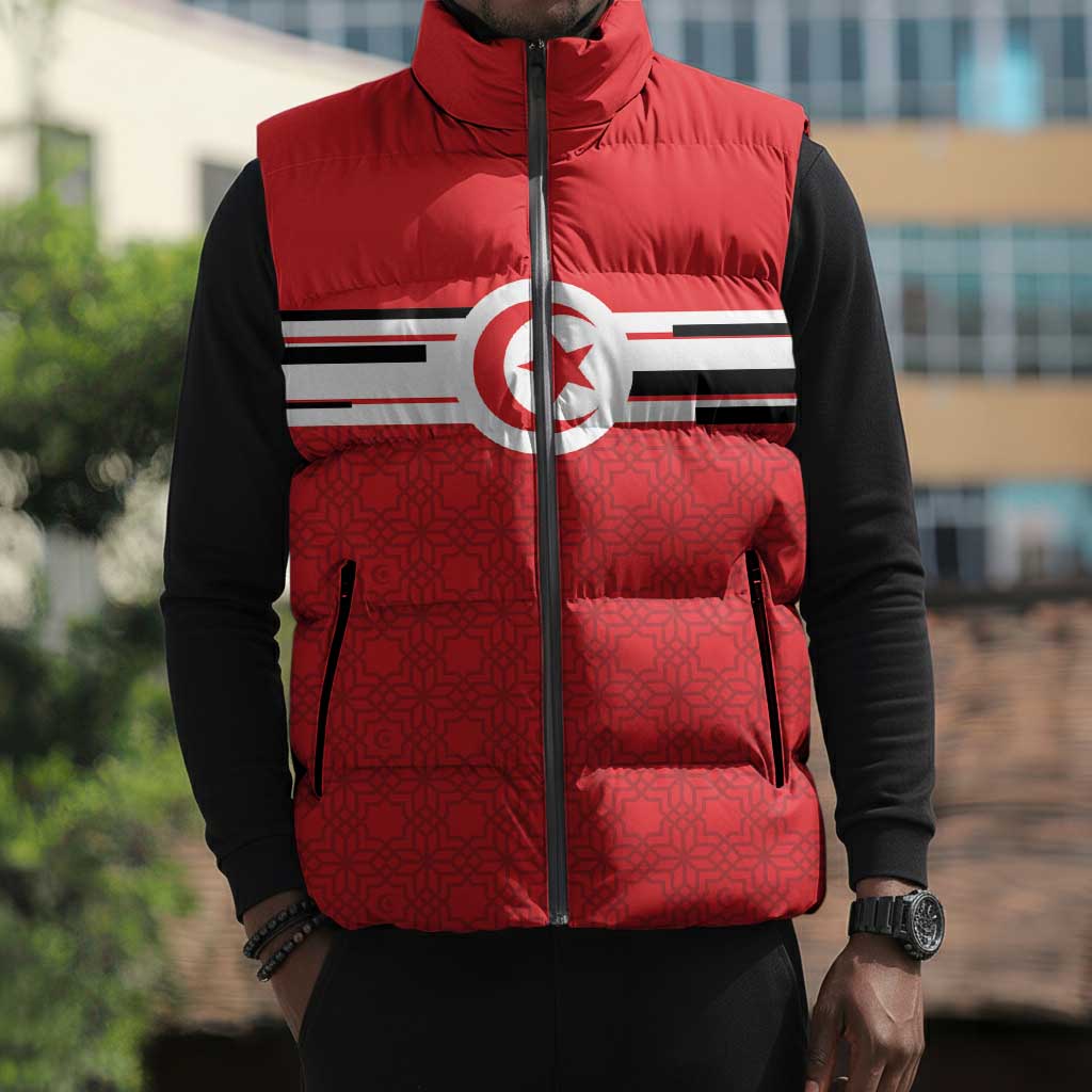 World Football 2026 Tunisia Custom Sleeveless Puffer Jacket Traditional Islamic Motif - African Pride