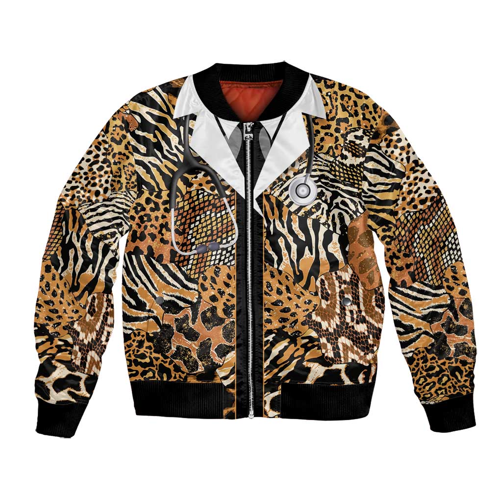 Proud Black Nurse RN Bomber Jacket African Stethoscope Animal Skins Pattern