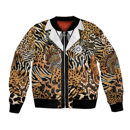 Proud Black Nurse RN Bomber Jacket African Stethoscope Animal Skins Pattern