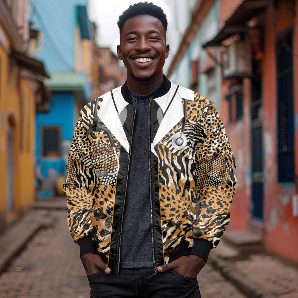 Proud Black Nurse RN Bomber Jacket African Stethoscope Animal Skins Pattern