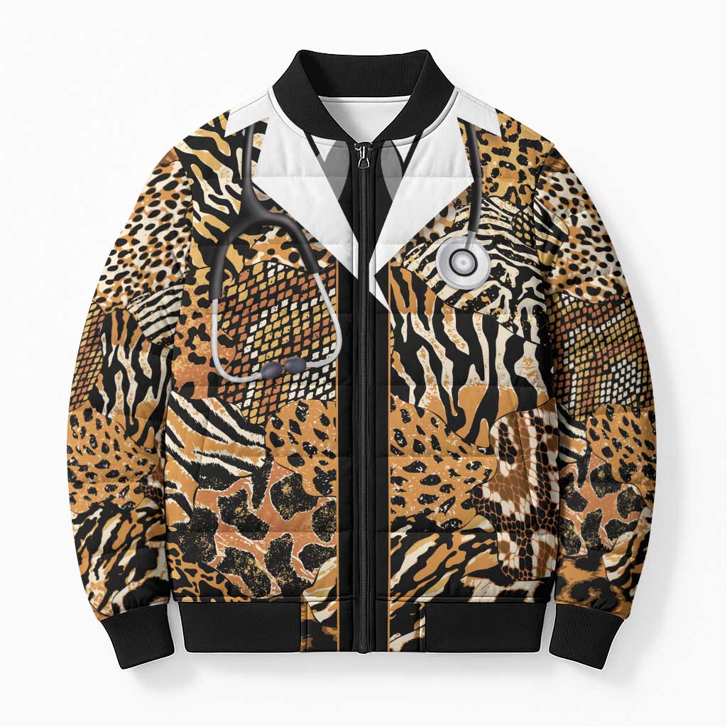 Proud Black Nurse RN Bomber Puffer Jacket African Stethoscope Animal Skins Pattern