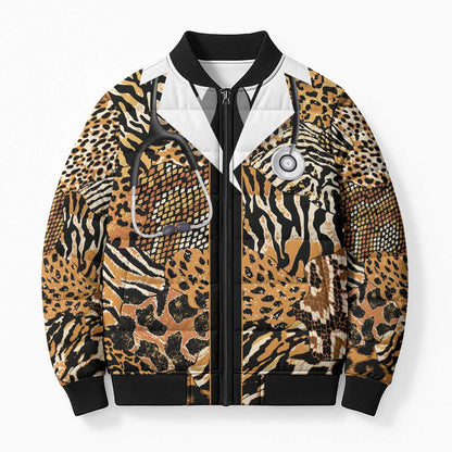 Proud Black Nurse RN Bomber Puffer Jacket African Stethoscope Animal Skins Pattern