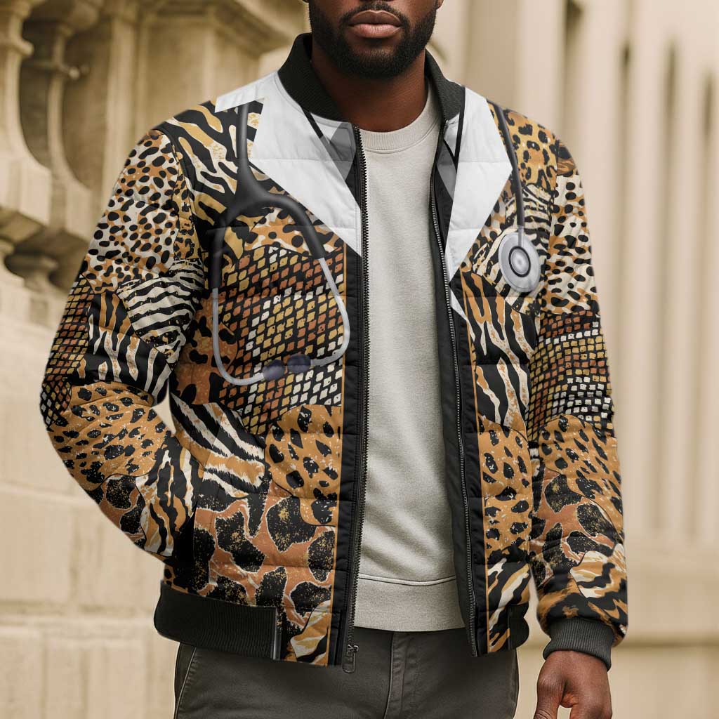 Proud Black Nurse RN Bomber Puffer Jacket African Stethoscope Animal Skins Pattern